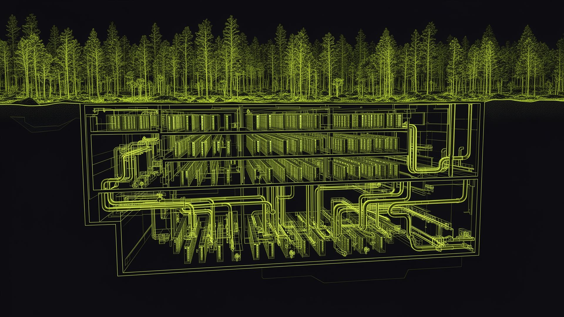 Cross-section of the underground CBDC British Columbia facility beneath an ancient forest