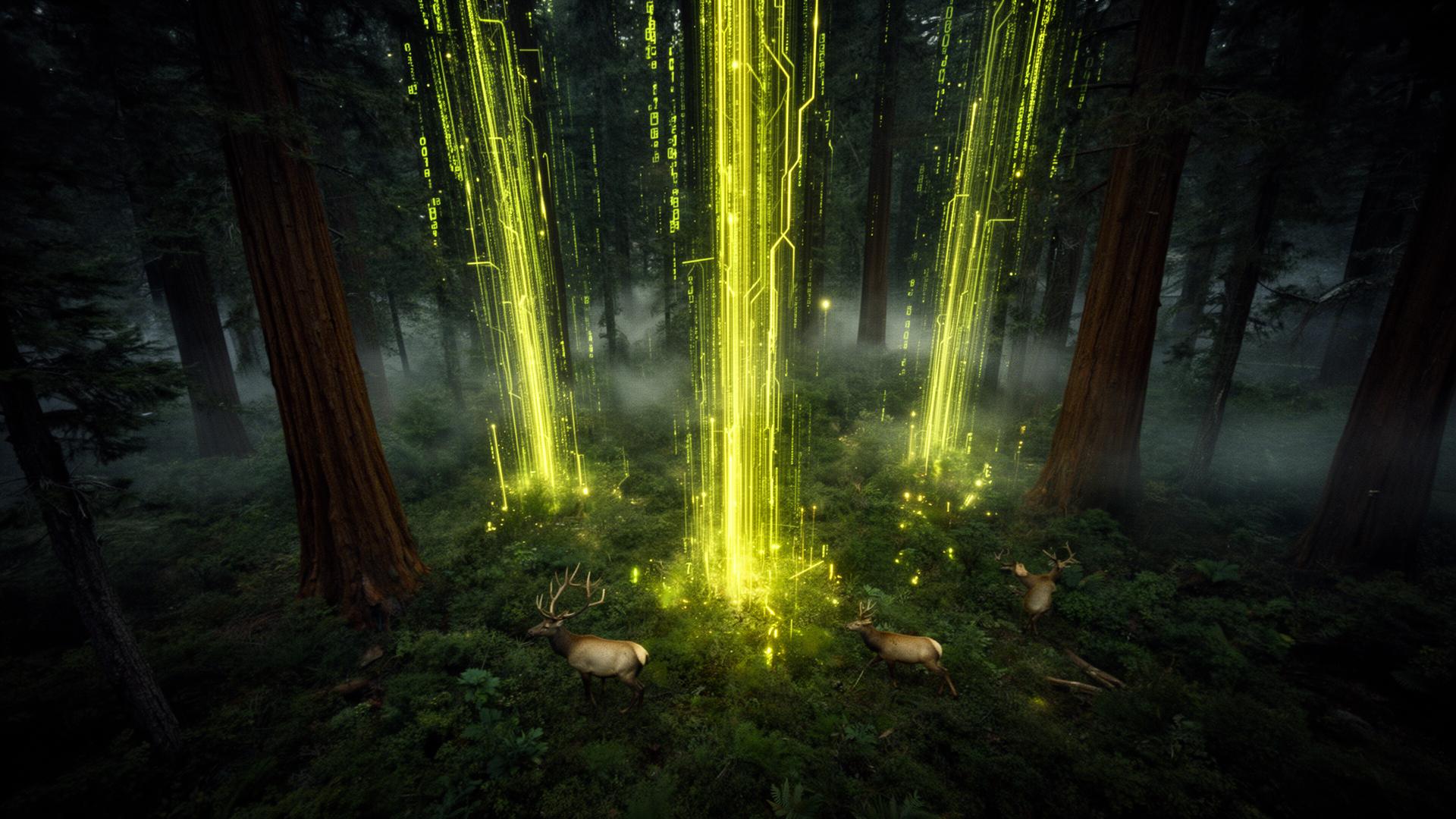 Ancient forest with elk and deer foraging beneath luminous data signals flowing between the earth and the sky